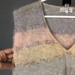 JEANNE PIERRE Mohair Blend Vintage Pastel Rainbow V-NeckPullover Vest SzS‎
